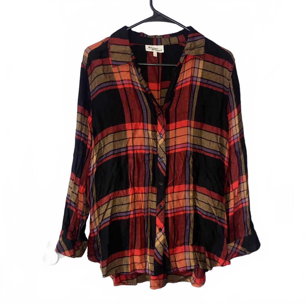 Red Black Plaid Crinkle Buttondown Blouse L Cozy Grunge Fall Layering Shirt Vibe